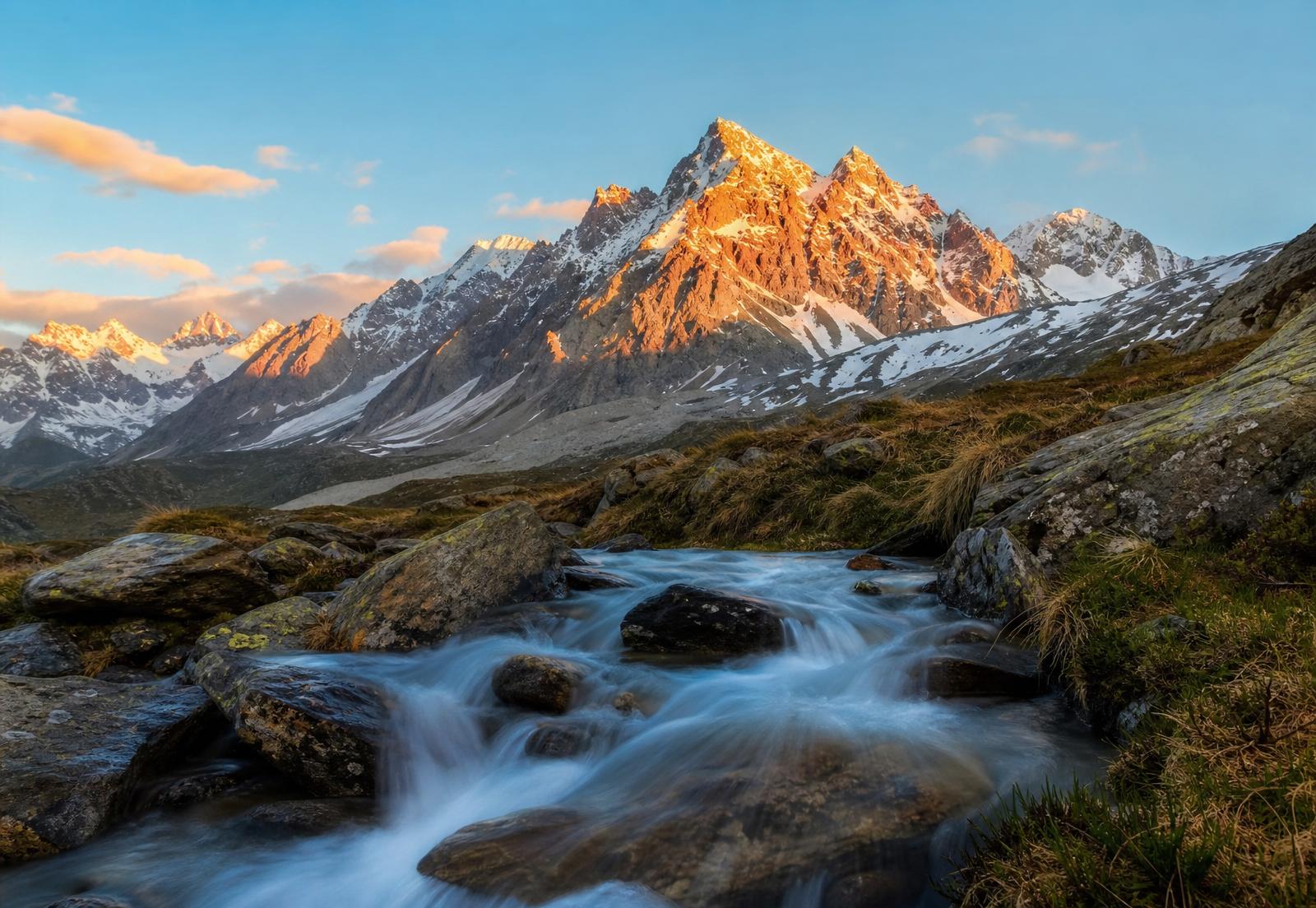 Acqua limpida di sorgente di montagna che scorre tra rocce e muschio